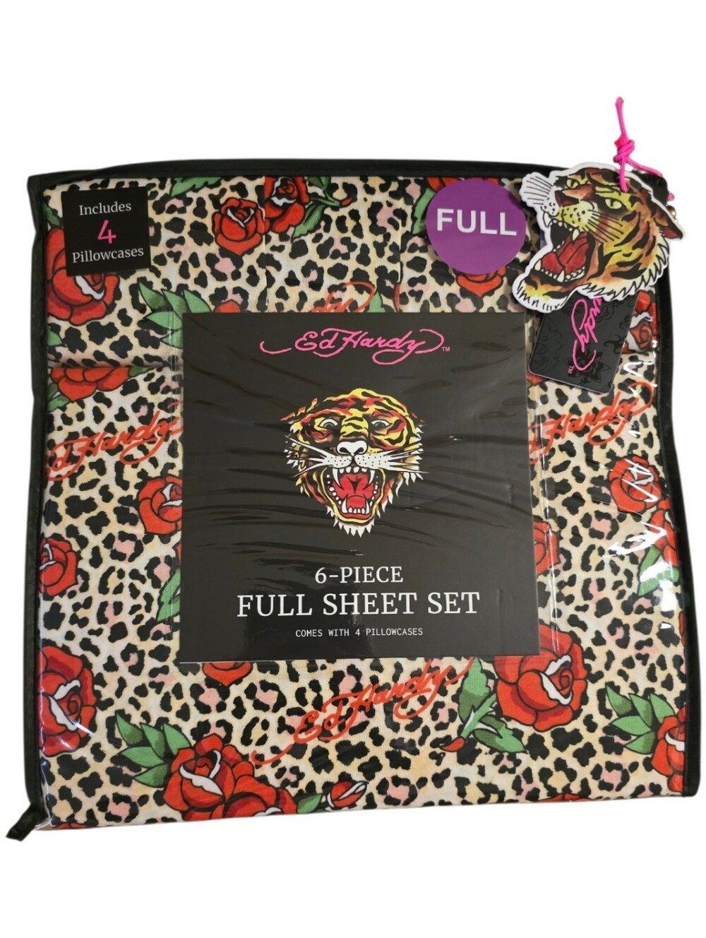 Ed Hardy 6 Piece Rose Cheetah Leopard Print Full Sheet Set